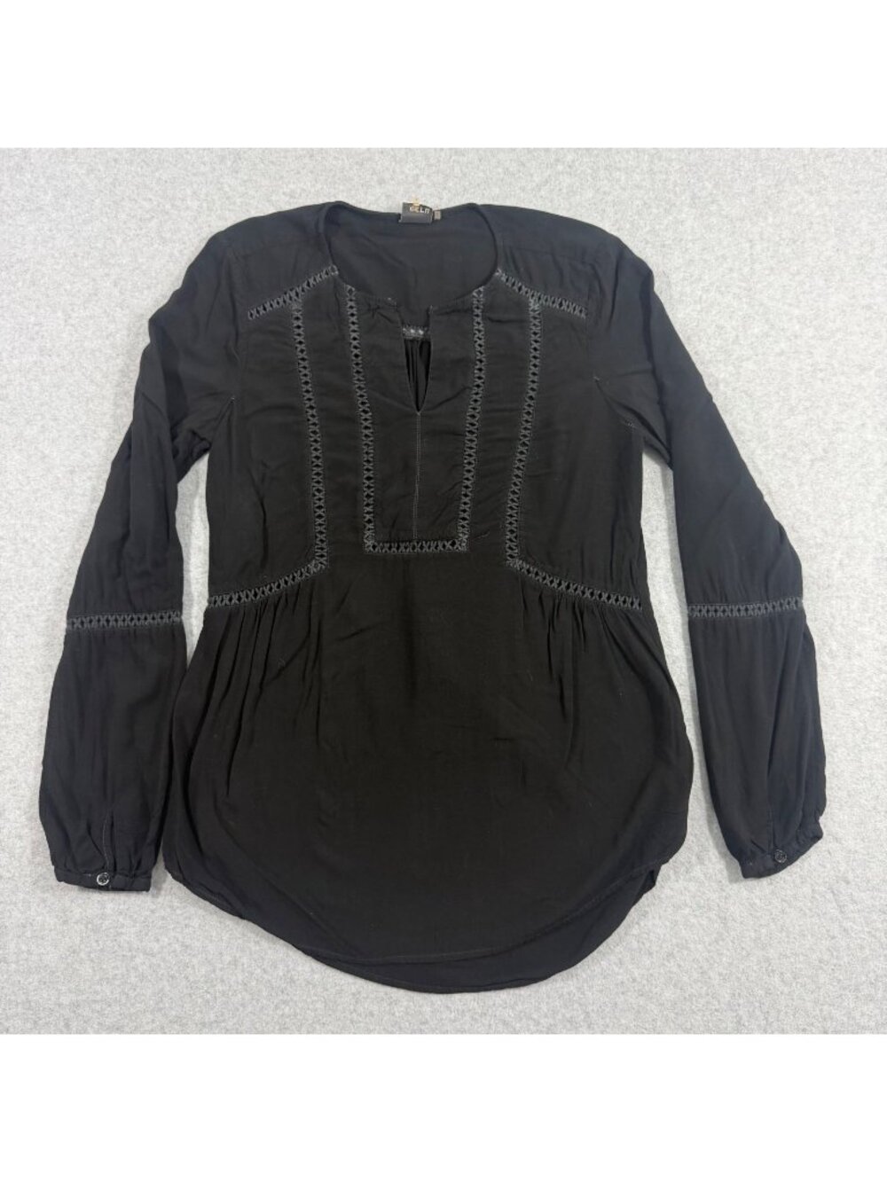 Ecru Women’s Black Embroidered Boho Blouse Size S Rayon Long Sleeve Tunic Top